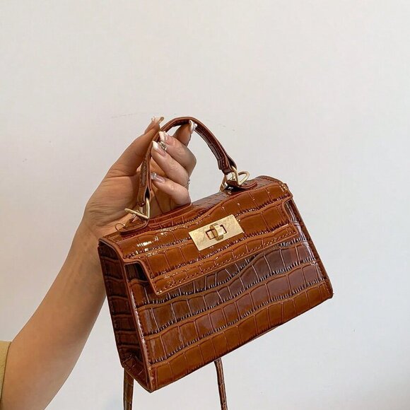 Coffee Brown Elegant Women's Crocodile Embossed Mini Square Bag - Picture 1 of 7